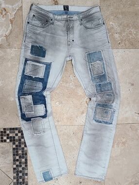 PRPS Men’s Light Wash Jeans with Blue Patchwork
